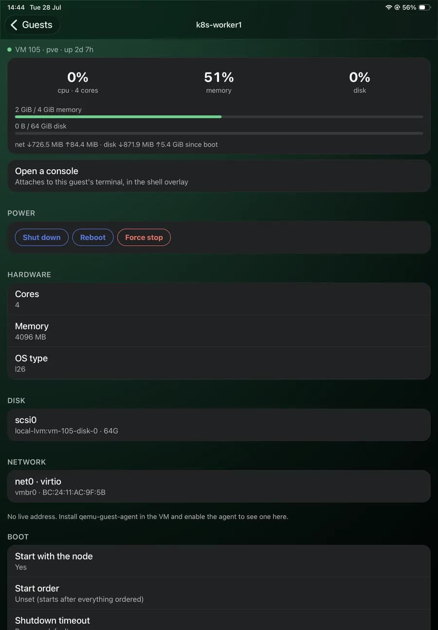A Proxmox guest on iPad showing resource use, power controls and hardware detail