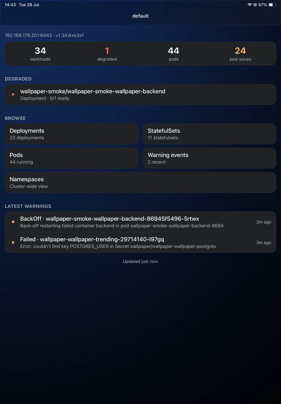 A Kubernetes cluster overview on iPad showing workload counts and a browse grid