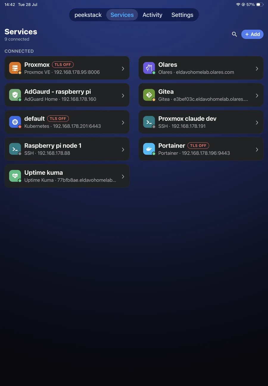 The Services list on iPad laid out in two columns