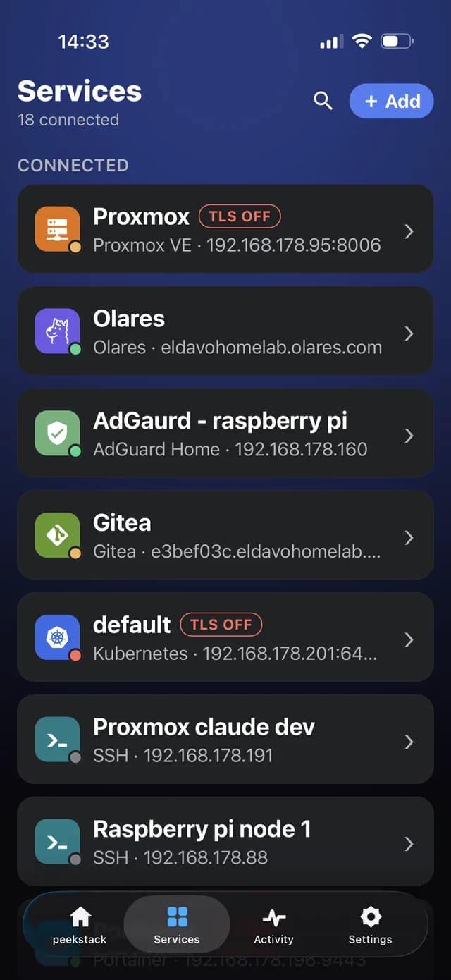 The Services list showing connected Proxmox, Gitea, Kubernetes and SSH services