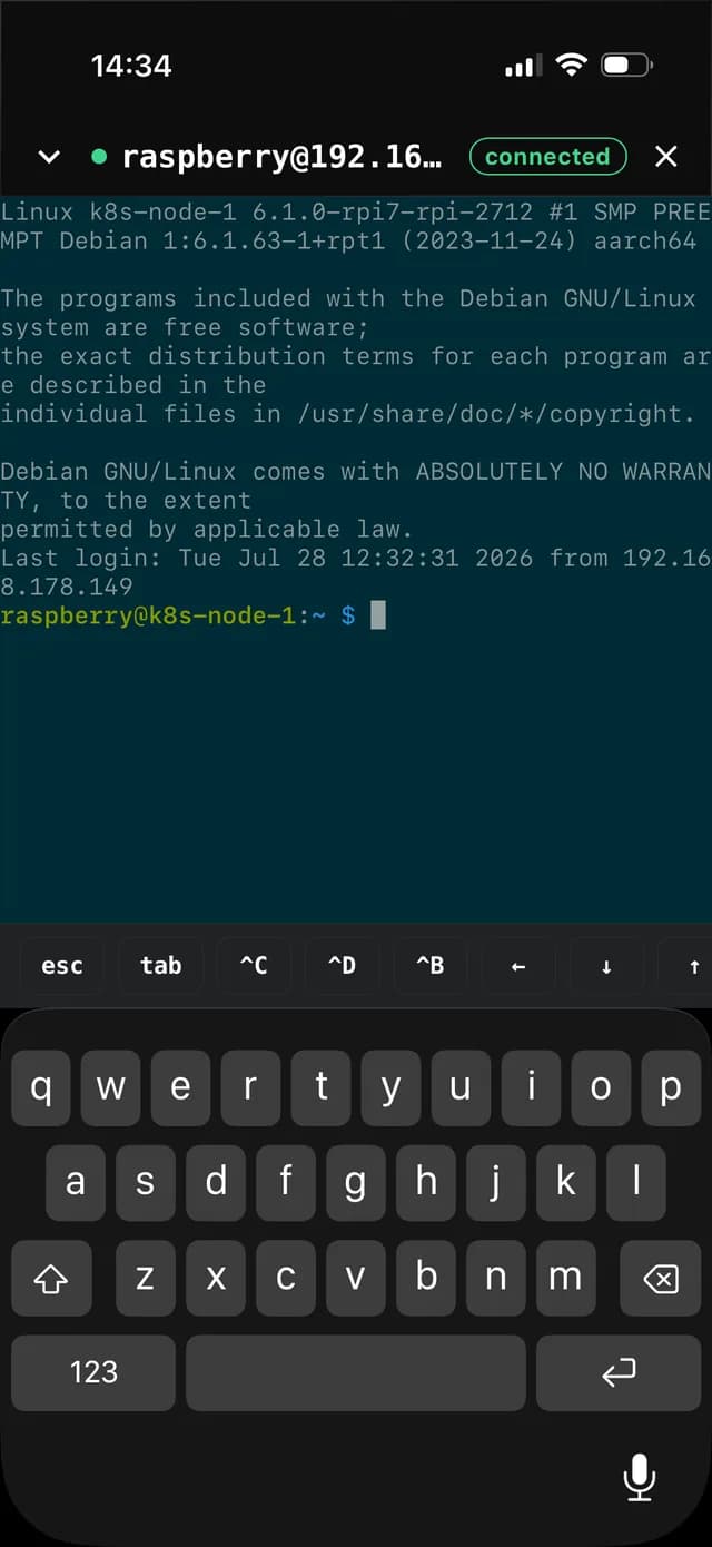 An SSH session open on a Raspberry Pi with a key toolbar above the keyboard